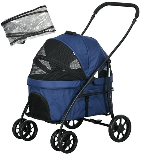 PawHut 2 in 1 Hundebuggy Haustierwagen mit Regenschutz, Klappbarer Katzenwagen mit 2 Sicherheitsleinen, für kleine Hunde und Katzen, Oxford, Dunkelblau