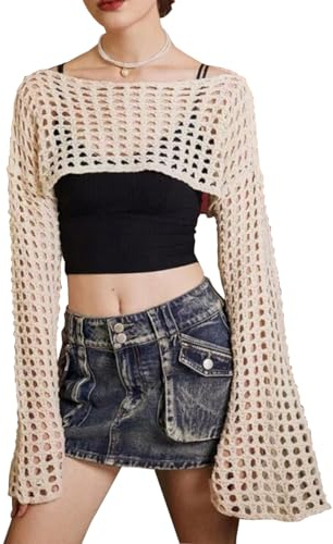 Nättopp långärmad Y2k magtoppar virkad sjal genomskinlig fisknät shrug stickad Bolero tröja bikini täckande ups, Vitt, M