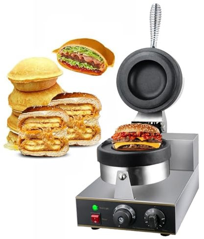 Oiyekntd Kommerzieller Burger-Waffeleisen, rundes, einköpfiges Edelstahl-Burger-Waffeleisen-Maschine, antihaftbeschichtete elektrische Hamburgerpresse, Backmaschine für Restaurant Bäckereien Snackbar