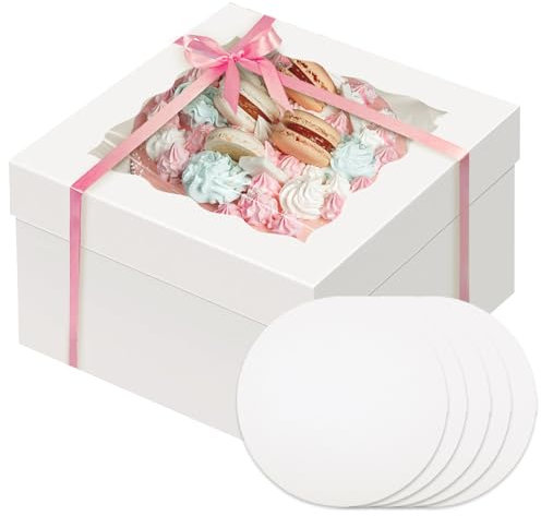 Gcardist 12x12x8 Inch Cake Box, 5 Sets White Cake Box with Window ＆ 5 Sets 12 Inch White Cake Round Boards, Cake Containers(30.5x30.5x20.3cm)