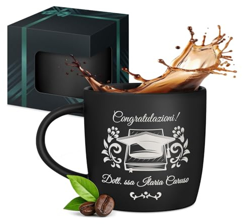 Maverton Tazza da caffè latte o tè in ceramica, 400 ml, Incisione | Personalizzata, Bicchiere con manico per bevande per Lei, Tazze da colazione per compleanno donna, Interno nero, laurea