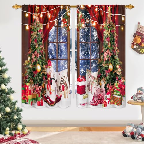 FRAMICS Christmas Curtains 63 Inch Length, Christmas Tree Curtains for Living Room 2 Panels, Winter Snow Scene Thermal Blackout Curtains for Bedroom Rod Pocket, Christmas Decorations, 52 W x 63 L