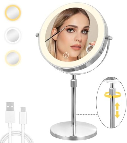 Cuteefun Espejo Maquillaje con Luz, Espejo Aumento 10X sobre Soporte, Altura y Brillo Ajustables, Rotación de 360°, Recargable Espejo de Maquillaje con Luz de Doble Cara para Tocador, Baño