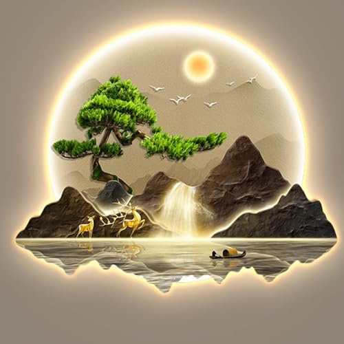 3D-Wandskulpturen als Kunstdekor,Orientalische dekorative Landschaftsmalerei für Wohnzimmer und Flur,Chinesische Wandmalerei mit LED-Licht,Moderne abstrakte Malerei für Büro und Schlafzimmer