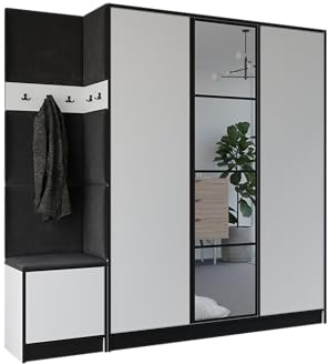 KIER FURNITURE Garderobenschrank Eden 209,6 cm - Modern Flurgarderobe - Flurschrank mit Schuhschrank - Flurgarderoben Set - Garderobe mit Sitzbank Weiß & Schwarz 209,6 x 205 x 39 cm