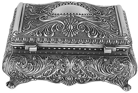 Aladeno Vintage-Schmuckkästchen aus Metall, rechteckig, Schmuckkästchen, Aufbewahrungsbox, Schatztruhe, Organizer, Andenkenbox, Ohrringe, Halskette, Aufbewahrungsbox, Schmuck, (Antikes Silber)