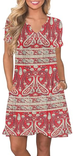 PLOKNRD Señoras Vestido de Verano 2025 Elegante Plisado Vestido Casual Muesca Cuello en V Vestido Camiseta hasta la Rodilla con Bolsillos(Boho Flores Rojas,M