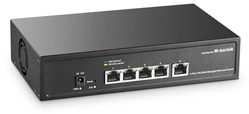 MokerLink Switch di Rete Gestito a 5 Porte 10Gbps, 5x10G Porte Ethernet RJ45, 10G/5G/2.5G/1000M/100Mbps, Larghezza di Banda 100Gbps, Switch di Rete L2 Gestione Web in Metallo