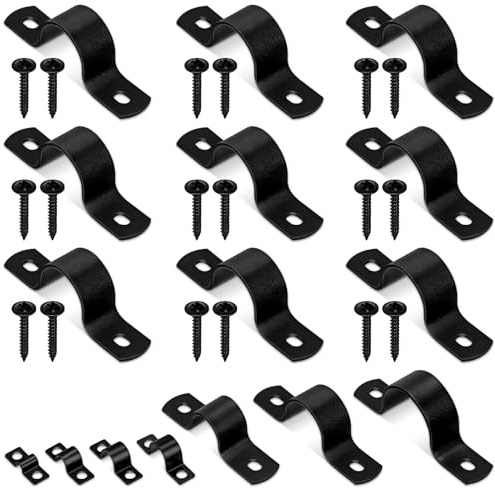 Glarks 10pcs 25mm Pipe Strap Clamp, Black Carbon Steel 2 Hole Strap Heavy Duty Rigid Pipe Strap U Bracket Tube Strap Cable Clamp Hanger Tension Tube Clip with 20pcs Screw for Pipe Tube Cable Fixing
