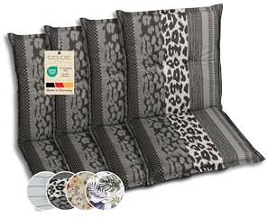 GO-DE Textil Bequeme und attraktive Polsterauflagen für Niederlehner-Gartenstühle (4er-Set, Leopard anthrazit, Niederlehner)