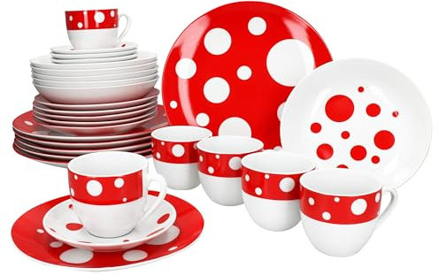 MamboCat Pula Service de table combiné 30 pièces en porcelaine blanche avec pois pour 6 personnes I 6 tasses, soucoupes, assiettes à gâteau, assiettes creuses et assiettes plates