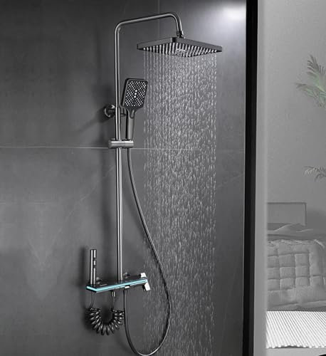 FHSLKXIM Thermostatic Shower System With Digital Display Shower Faucet Set Wall Mount Mixer Shower Combo Set With Hand Shower,Rain Shower Head,Bidet Spray,Tub Spout,Gun Gray