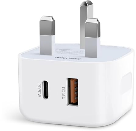 20W USB C Fast Charger Plug UK, Dual Port USB C & USB A Wall Charger, PD Fast Charging Adapter Compatible with iPhone 17 Air/17 Pro Max/16/15/14/13/12/11 Series, iPad & AirPods