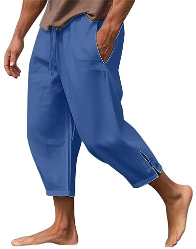 Pantalones de verano para hombre, 3/4 por debajo de la rodilla, holgados, para playa, color blanco, dobladillo abierto, pantalones chinos, informales, de negocios, ligeros, pantalones deportivos de