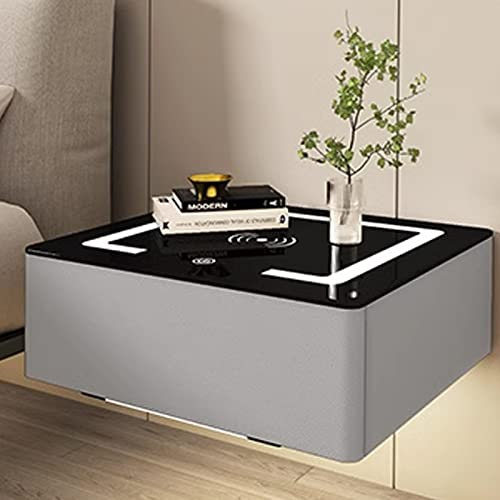 LED Wall Bedside Table with Charging Station, White Table with Lamp, 1 Drawer - Slim Bedside Table for Living Room, Bedroom