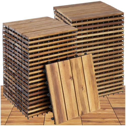 tectake® Set di 40 Piastrelle in Legno di Acacia per Esterno, 4 Doghe Ciascuna, Sistema a Clic, Pavimento per Terrazza e Balcone, Piastrelle per Giardino