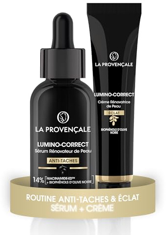 La Provençale Lumino-Correct Routine Anti-Taches Booster Éclat Sérum Crème | 14% Niacinamide Biophénols Olive Noire, Renouvellement cellulaire, 95% origine naturelle, Efficace toutes carnations