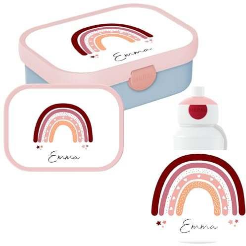 Mepal Regenboog Lunchset Lunchbox & Trinkflasche mit Namen für Kinder - Personalisierte Pausenset für Schule und Freizeit - BPA-frei, spülmaschinenfest - Rosa