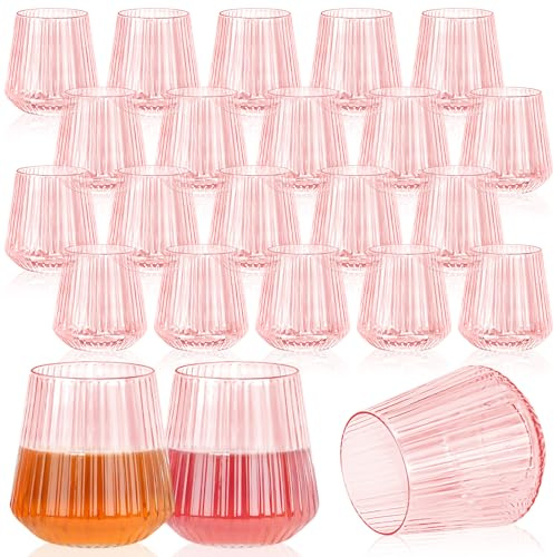 KDXBQ 24 Pack Pink Plastic Wine Cups, 420 ml Stemless Ribbed Wine Glasses, Clear Unbreakable Outdoor Cocktail Glasses, Heavy Duty Reusable Plastic Drinking Cup for Party Wedding Bar