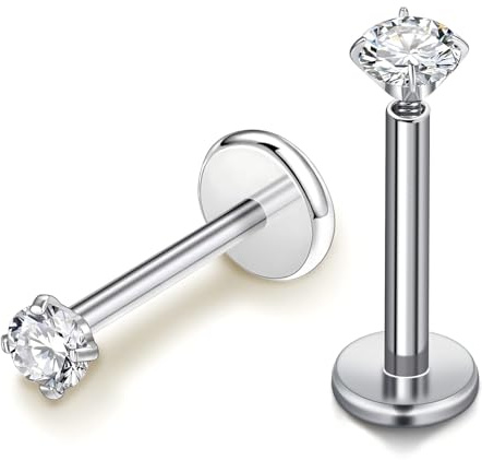 AceFun piercing lèvre Titane Argent Filetage intérieur Labret Helix Piercings pour femmes hommes Différentes tailles CZ 2mm Tragus Conque Cartilage Boucle oreille Tige Longueur 8mm