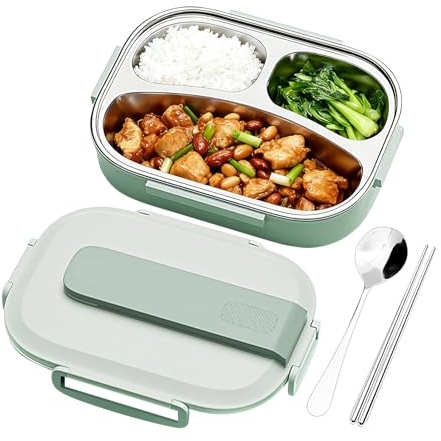 1L Thermal Lunch Box, 3-Compartmen Stainless Steel Lunch Box for Kids, Portable Leakproof Insulated Food Container with Cutlery Set for Adults Student Children Work Office Picnic