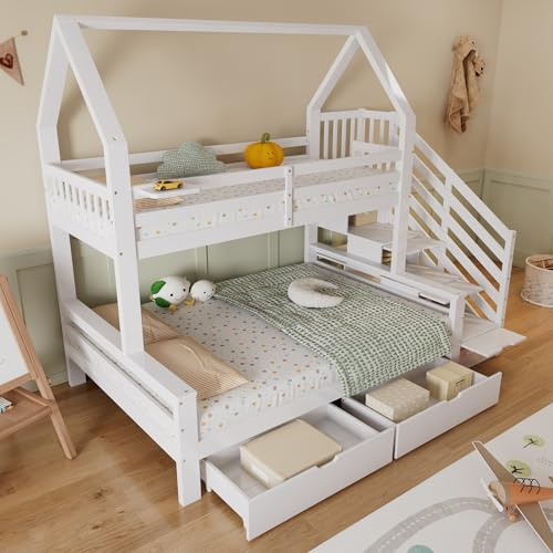 Generisch Etagenbett mit Zwei Schubladen auf Rollen, ansprechendem Dachdesign, Sicherheitsgeländer und Treppenschrank, Kiefernholz + MDF + Sperrholz, weiß, 90 x 200 cm & 140 x 200 cm