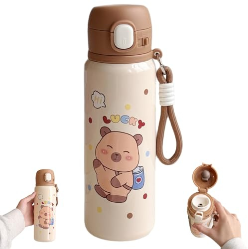 Borraccia Capybara con coperchio e portachiavi Simpatica bottiglia d'acqua isolata con rivestimento in acciaio inossidabile, tazza da 500 ml e beccuccio portatile resistente al calore per uso aliment