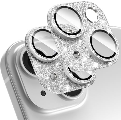 Giftorld [2 Pack Bling Camera Lens Screen Protector for iPhone 13/13 Mini with 9H Tempered Glass Aviation Aluminum Plate Cover Metal Ring,HD Clarity-Glitter Silver