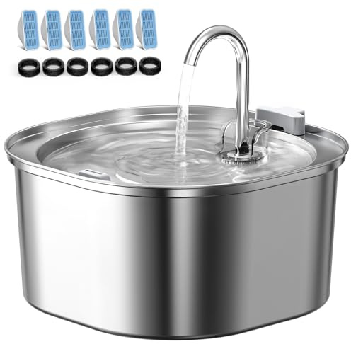 PEKTACO Cat Water Fountain, 3.2L/108oz Stainless Steel Pet Water Fountain for Cats Indoor, Dog Drinking Dispenser Metal Kitty Spout with 6 Filters+ 6 Sponges