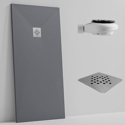 SOULBATH Plato de Ducha - Resina - Gel Coat - Textura Liso Seda - Antideslizante - Color Gris - 90x80- Extraplano 3cm. Incluye Válvula de desagüe - Standard