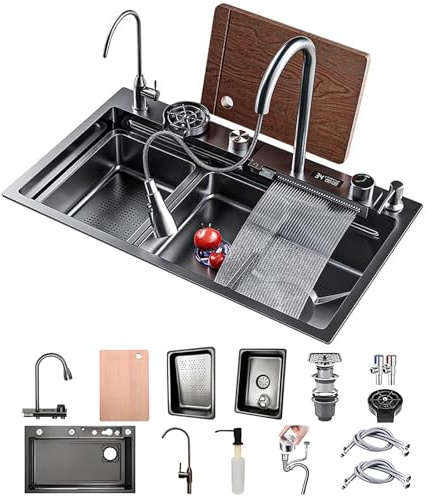 Lavello da cucina nero a cascata, rettangolare in acciaio inox, 1 vasca 90×50 cm, con rubinetto estraibile, sifone e troppopieno, lavello da bar multifunzionale, set per stazione di lavoro da cucina