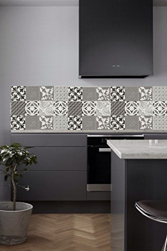Vinyle crédence de cuisine fortement adhésive / contre marche d'escalier et revêtement mural adhésifs / dimensions et motifs au choix / Carreaux de ciments adhésifs (Provence black & white, 80x300cm)
