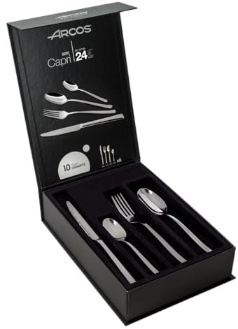 Arcos Serie Capri - Cubertería de 24 piezas en una Caja de Regalo (6 cuchillos + 12 cucharas + 6 tenedores) - Monoblock de una pieza en Acero Inoxidable Color Plata