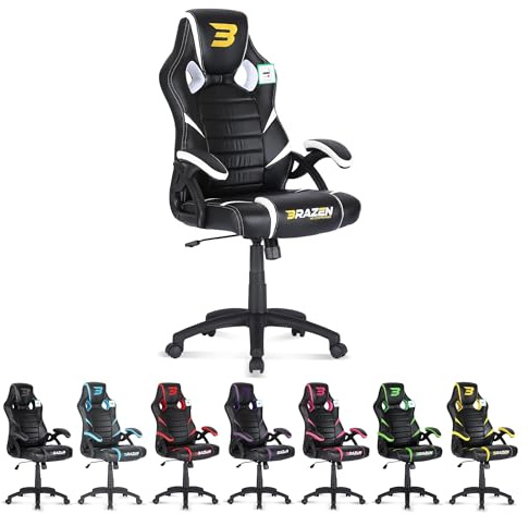 BraZen Puma Pc Gaming Chairs for Adults Height Adjustable Ergonomic Pu Leather Seat with Armrest Largest British Brand- White | BraZen Puma PC Gaming Chair for Adults Ergonomic Office Computer Chairs Gaming for Adults Video Games Seat Office White