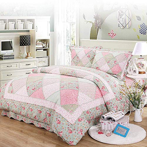 Patchwork Gesteppte Tagesdecke Doppelbett Bettüberwurf Quilt Reversible Super King Size Baumwolle Blumen Vintage Mehrzweck 3 Stück Bettwäsche Kissenbezüge (50 * 70cm * 2) Decke (230 X 250 Cm)