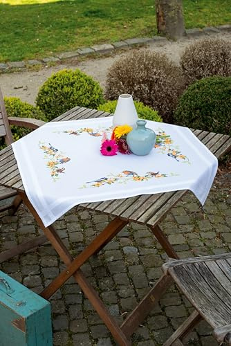 Vervaco Kreuzstich Stickpackungen Tischdecke Heimische Singvoegel Stickdecken Vorgezeichnet Basteln Erwachsene Kreativ Set Vorgedruckte Decke Sticken 80 x 80 cm Stickset DIY Sticken Set