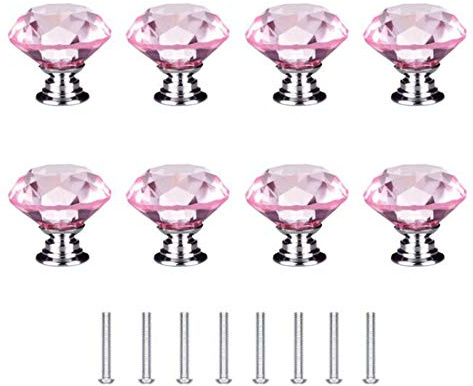 Concisea 8 Stück 30 mm Diamant Kristall Moebelknopf,Schrank Knöpfe Kristall Mit Schrauben,für Küche, Büro, Bad-, Wohn-, Schlaf-, Kinderzimmer.(Pink)