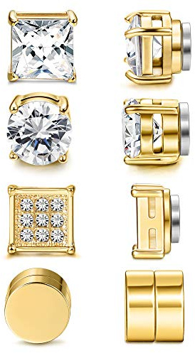 Jstyle 4 Pairs Stainless Steel Magnetic Stud Earrings for Men Women Gold CZ Non-Piercing Clip On Stud Earrings Set 7 MM