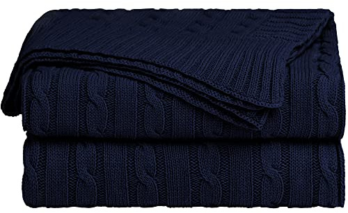 sourcing map Weiche Strickdecke aus 100 % Baumwolle, für Sofa und Couch, leichte Zopfstrick-Bettdecke, Heimdekoration, Marineblau, 152,4 x 198,1 cm