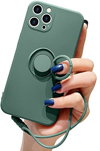 Pepmune Kompatibel mit iPhone 12 Pro Handyhülle Silikon Case mit Ring Halter Slim Liquid Silikon Hülle mit Lanyard Silikonhülle mit innem Microfaser Tuch Case Cover für iPhone 12 Pro, Schwarzgrün