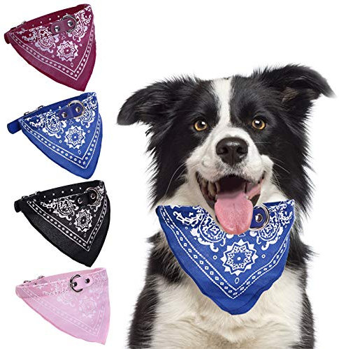 HACRAHO Hunde-Bandana-Halsband, 4 Stück verstellbare Haustier-Dreieckstücher, Halsbänder für Hunde und Katzen, Leder mit Bandana für kleine mittelgroße Hunde, Lila, Rosa, Blau, Schwarz, L