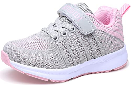 Mitudidi Unisex barn sneakers flickor sportskor lätta andningsbara löparskor utomhus träningsskor sneakers inomhusskor, Grårosa, 33 EU