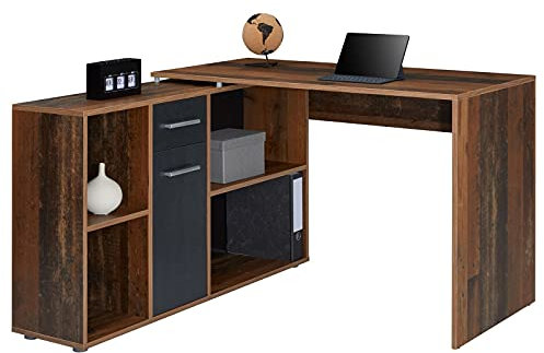 CARO-Möbel Eckschreibtisch Diego mit Regal und Schublade, Bürotisch mit 4 Fächen, moderner Computertisch mit verschiedenen Aufbaumöglichkeiten in Old Style/Beton dunkel