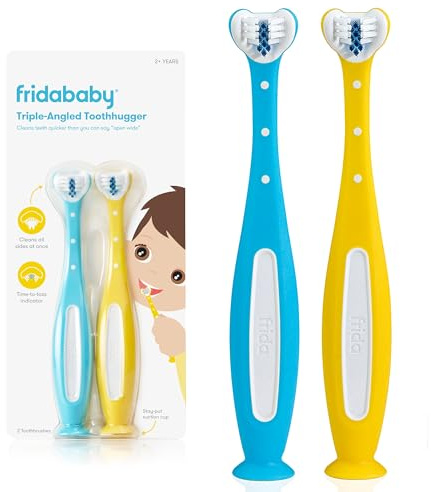 Frida Baby Triple-Angle Toothhugger Training Toddler Toothbrush | Toddler Toothbrush 2 Years and Up, Cleans All Sides at Once | 2 Pack (Yellow + Blue)