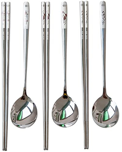 YAPULLYA Juego de palillos y cucharas reutilizables, juego de cuchara y palillos coreanos de acero inoxidable de mango largo, aptos para lavavajillas, juego de 3 (multipatrón)