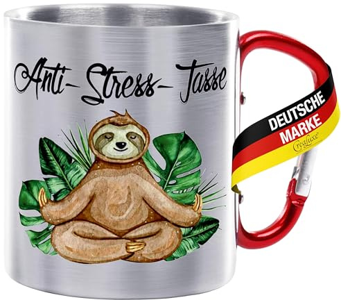 CreaLuxe Edelstahltasse mit Karabiner - Anti - Stress - Tasse - 330ml, Tasse bedruckt, Kaffeetasse, Bürotasse, Metalltasse mit Name