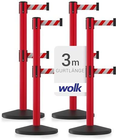 wolk Doppel Gurtpfosten 4er Set Rot 3 m, Absperrpfosten Sicherheit | 4 Kunststoff Absperrständer mit 2 x 3 m rot-weißem Gurtband für Sicherheitsbereiche, Baustellen und Veranstaltungen