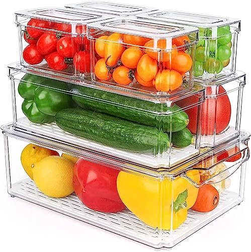 IVODEELA 7 Pack Fridge Storage Containers with Lids,Clear Food Storage Boxes with Drain Tray,Stackable Fridge Organisers,Plastic Refrigerator Storage Bins Set for Kitchen,Pantry,Cabinet