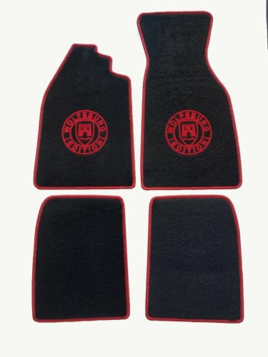 AUTOTEPPICH-Stylers NF100 Schwarze Fußmatten passend für VW Käfer mit Logo Wolfsburg Edition WOB und Rand in rot