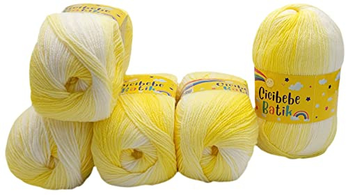 5 x 100 g Strickgarn Cicibebe Batik mehrfarbig mit Farbverlauf, 500 Gramm Strickwolle bunt, Farbverlaufsgarn (gelb weiss 550-14)